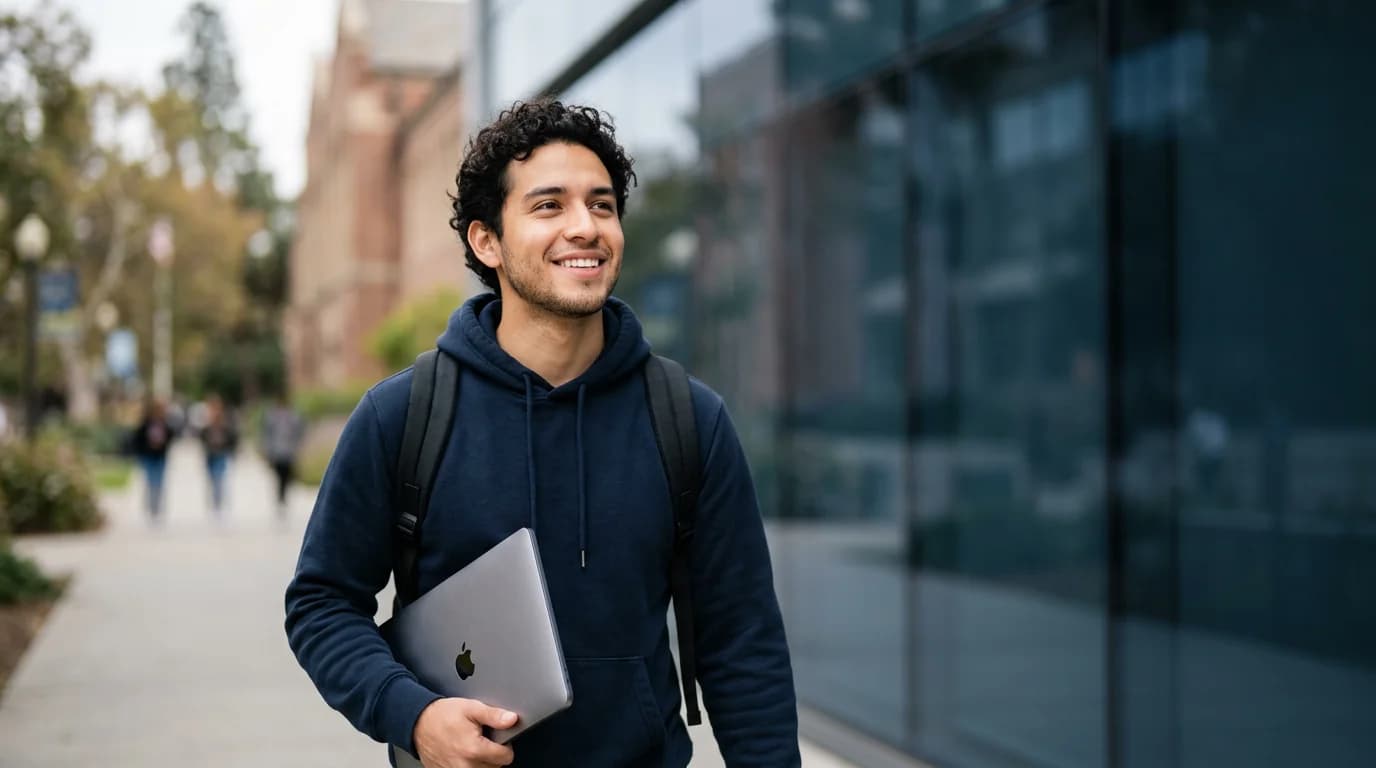 Joven sonriente con mochila y portátil